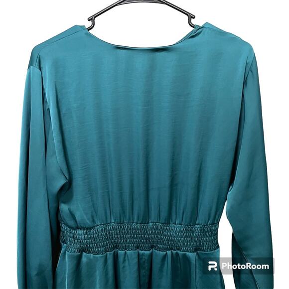 NWT Zara Teal Long Sleeve Satin Mini Dress Elastic Waist Ruffled Hem V-Neck M - Picture 10 of 11